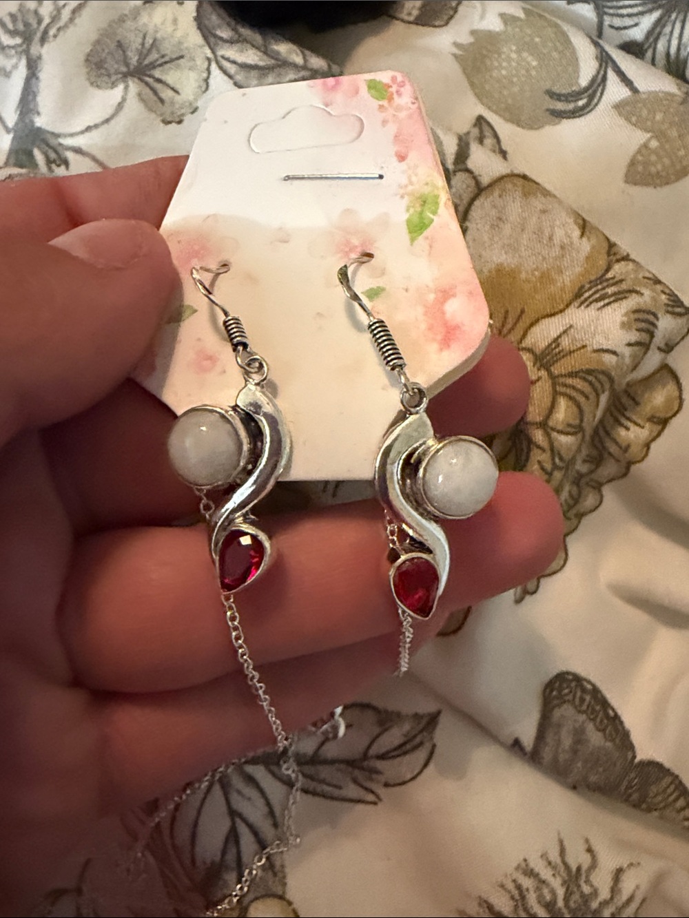 Silver Drop Earrings with White Bead and Red Accent